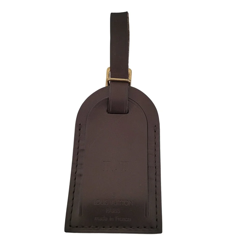 Louis Vuitton Macassar Dark Brown Leather Luggage Tag Gold Hardware RT Initials
